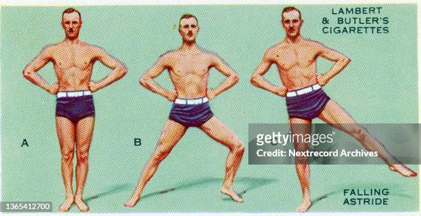 Collectible tobacco or cigarette card, 'Get Fit' series, published in 1937 by Lambert and Butler's Cigarettes, depicting a male athlete demonstrating...