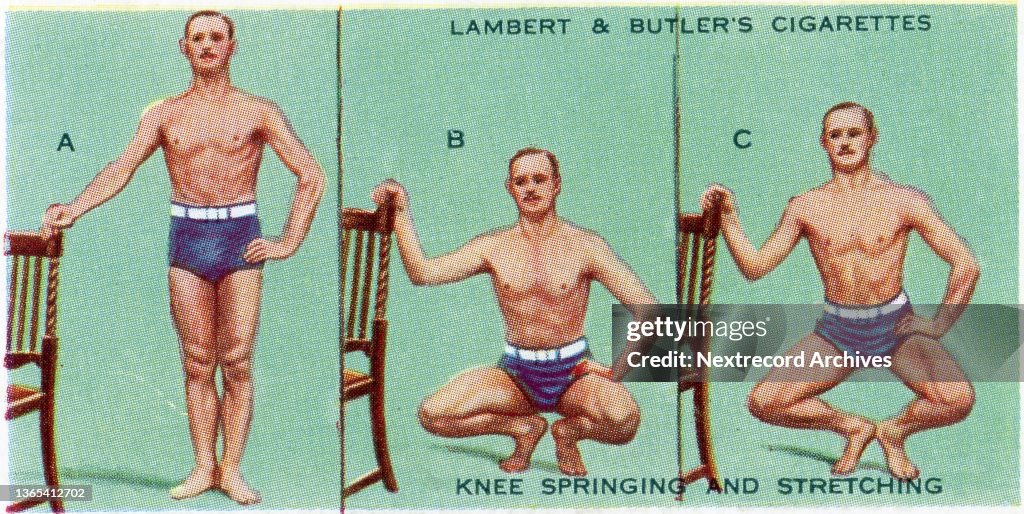 Collectible cigarette card, Squats, Get Fit series, 1937