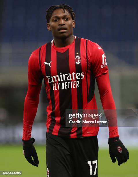 Rafael Leao of AC Milan looks on during the Serie A match between AC Milan and Spezia Calcio at Stadio Giuseppe Meazza on January 17, 2022 in Milan,...