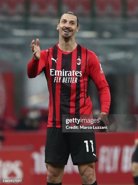 Zlatan Ibrahimovic of AC Milan reacts during the Serie A match between AC Milan and Spezia Calcio at Stadio Giuseppe Meazza on January 17, 2022 in...