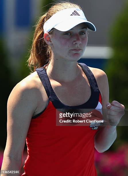 Anna Chakvetadze of Russia celebrates a point in her singles match against Monica Niculescu of Romania during day one of the 2012 Hobart...