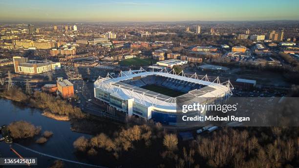 An aerial view of The King Power Stadium on January 17, 2022 in Leicester, England.