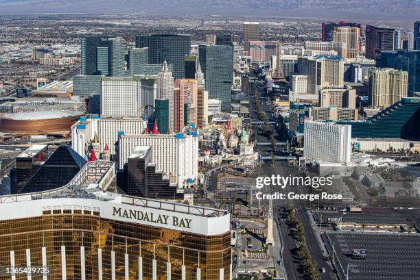 Hotels and attractions, including Mandalay Bay and Excalibur Hotels & Casinos, and T-Mobile Arena, along the Las Vegas Strip are viewed looking north...