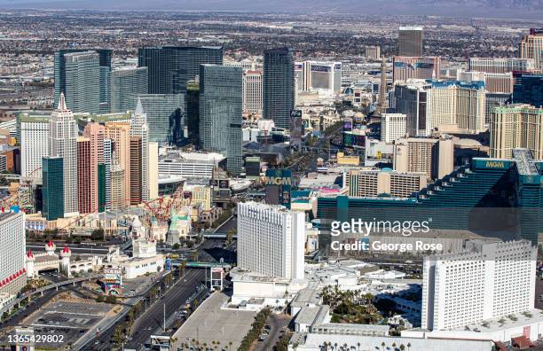 Hotels and attractions, including MGM Grand, Tropicana and Excalibur Hotels & Casinos, and T-Mobile Arena, along the Las Vegas Strip are viewed...