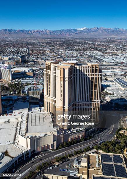The Palazzo Hotel & Casino and Sands Convention Center is viewed along the Las Vegas Strip on January 11, 2022 over Las Vegas, Nevada. Conventions...