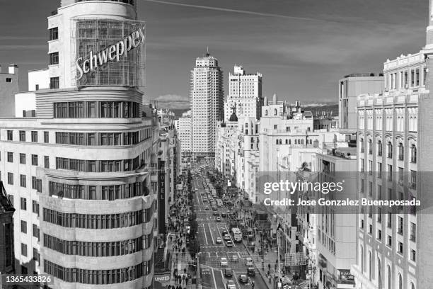 top view of granvía street in madrid. callao square and capitol building. the capitol building is one of the most famous buildings on gran via street - deco district stock pictures, royalty-free photos & images