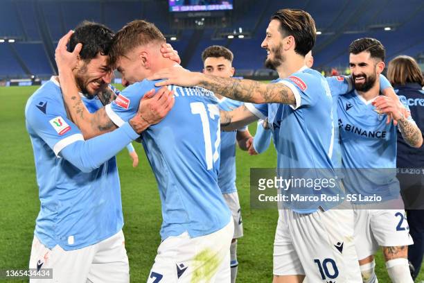 Ciro Immobile of SS Lazio celebrates a opening goal with his team mates during the Coppa Italia match between SS Lazio v Udinese Calcio at Olimpico...
