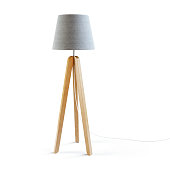 Wooden tripod floor loor lamp isolated on white background. Clipping path included. 3D render.