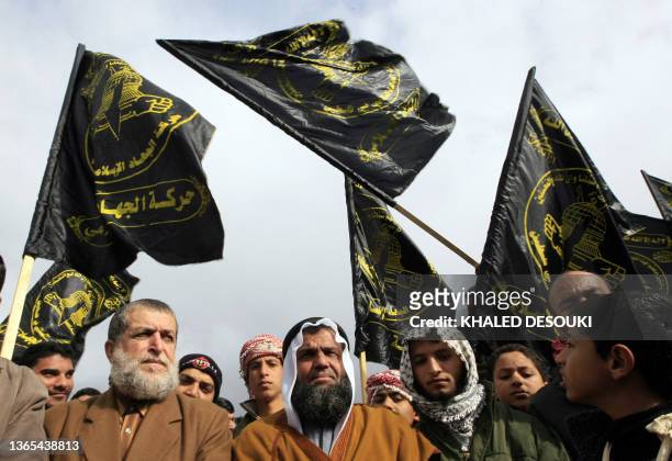 Nafez Azam , leader of the Islamic Jihad group, attends a demonstration in front of the breached border between Egypt and the Gaza Strip, urging...