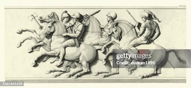 stockillustraties, clipart, cartoons en iconen met macedonian cavalry, the companions, from the time of alexander the great - rearing up