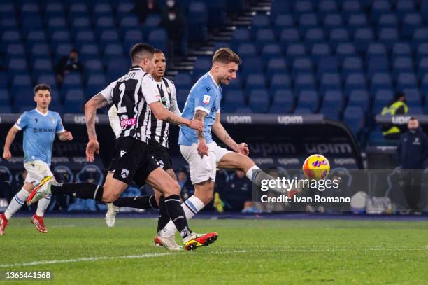 Ciro Immobile of SS Lazio scores 1-0 goal during the Coppa Italia match between SS Lazio and Udinese Calcio at Olimpico Stadium on January 18, 2022...