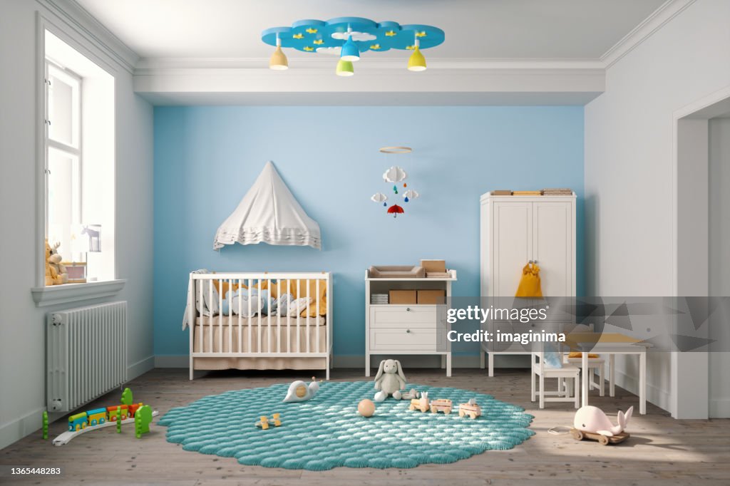 Babyschlafzimmer in hellblauen Farben