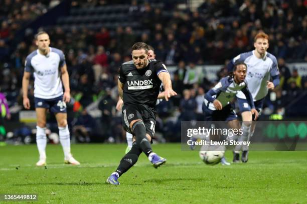 Billy Sharp of Sheffield United scores their team's second goal from the penalty spot during the Sky Bet Championship match between Preston North End...