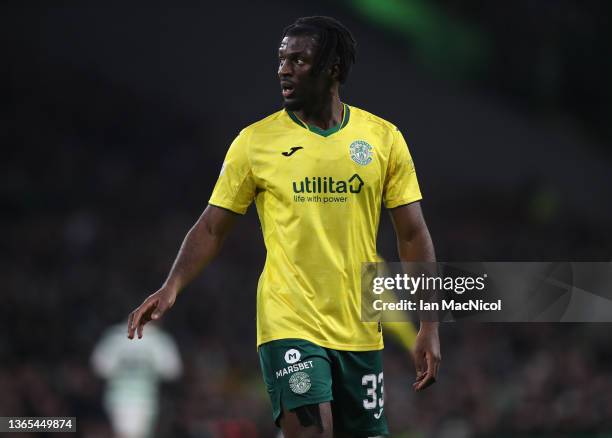 Rocky Bushiri of Hibernian is seen during the Cinch Scottish Premiership match between Celtic FC and Hibernian FC at on January 17, 2022 in Glasgow,...