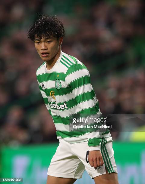 Reo Hatate of Celtic is seen in action during the Cinch Scottish Premiership match between Celtic FC and Hibernian FC at on January 17, 2022 in...