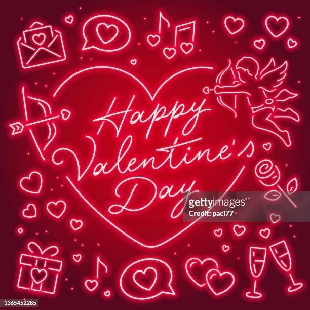valentinstag neon-icons und text "happy valentine's day" auf rotem hintergrund. - valentine card stock-grafiken, -clipart, -cartoons und -symbole