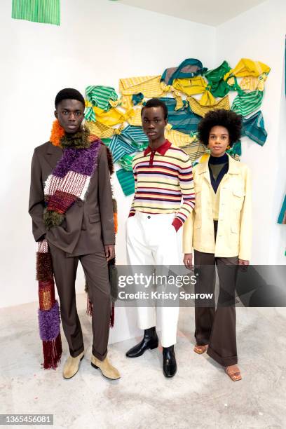 Models pose during the Lukhanyo Mdingi Menswear Fall/Winter 2022-2023 presentation as part of Paris Fashion Week on January 18, 2022 in Paris, France.