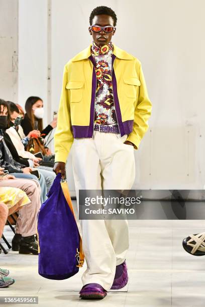 Model walks the runway during the Bluemarble Ready to Wear Fall/Winter 2022-2023 fashion show as part of the Paris Men Fashion Week on January 18,...
