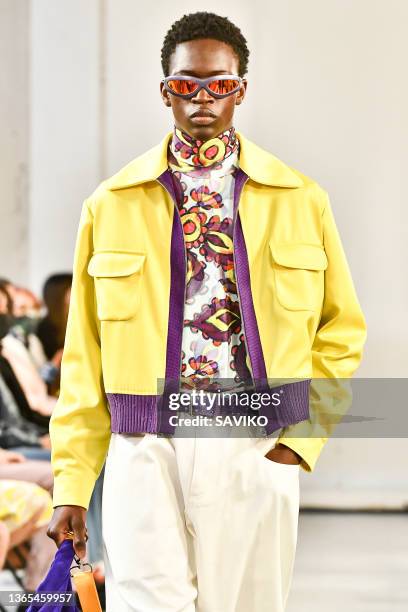 Model walks the runway during the Bluemarble Ready to Wear Fall/Winter 2022-2023 fashion show as part of the Paris Men Fashion Week on January 18,...