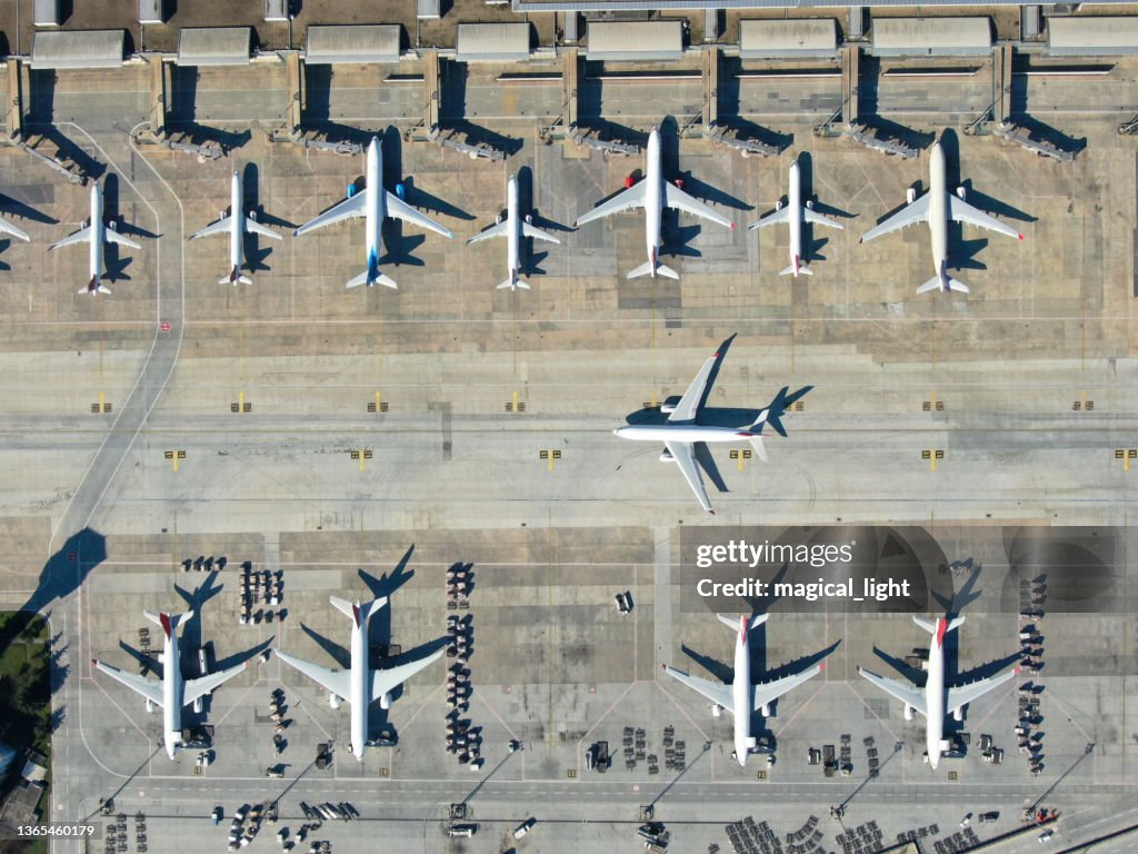 Aerial view of an airport. Aerial view of an airport. airport on a snowy day