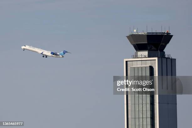 An aircraft takes off from O'Hare International Airport on January 18, 2022 in Chicago, Illinois. Major airlines have expressed concern that 5G...