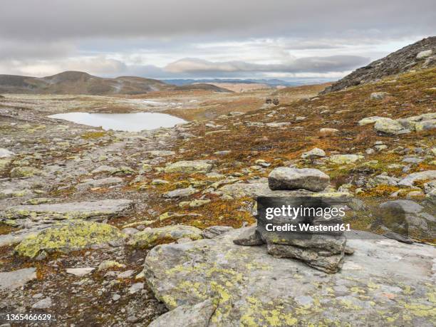 small cairn at hardangervidda plateau with lake in background - steinpyramide stock-fotos und bilder