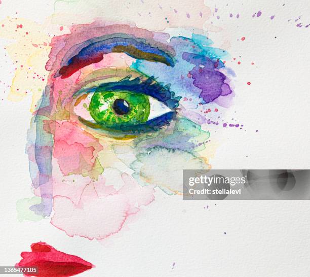 grünes auge - aquarellmalerei. handgezeichnet auf aquarellpapier. - frau schaut mode stock-grafiken, -clipart, -cartoons und -symbole