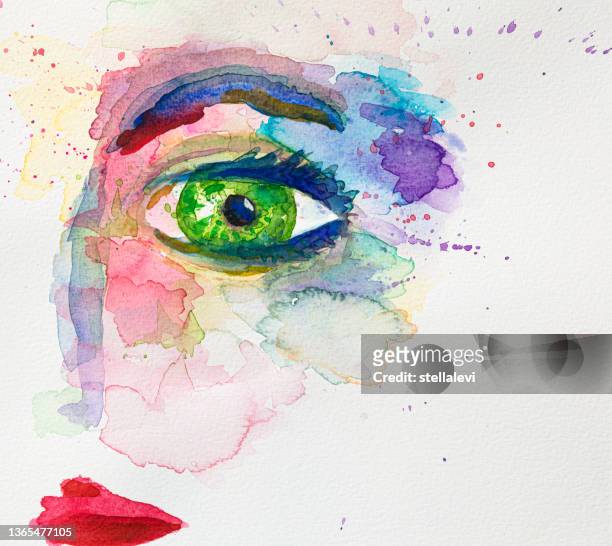 ilustraciones, imágenes clip art, dibujos animados e iconos de stock de pintura de acuarela de ojos verdes. dibujado a mano sobre papel de acuarela. - iris eye