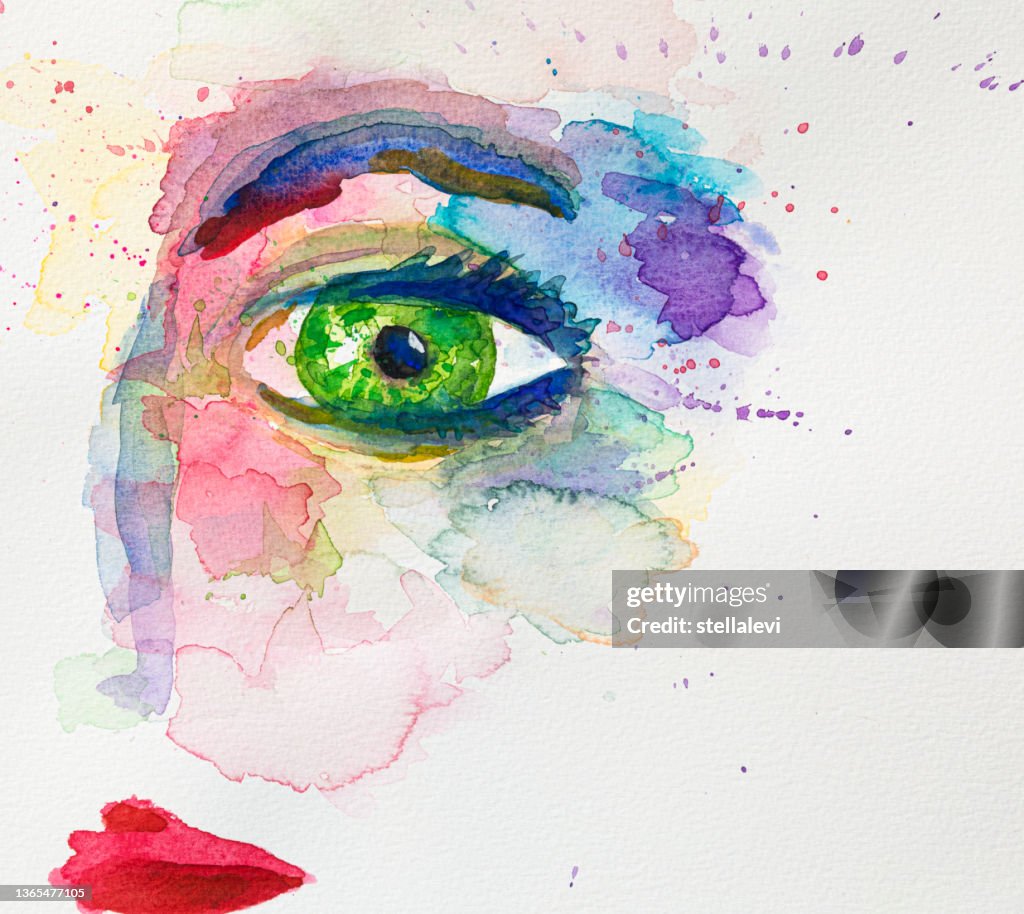 Pintura de aquarela de olhos verdes. Desenhado à mão em papel aquarela.