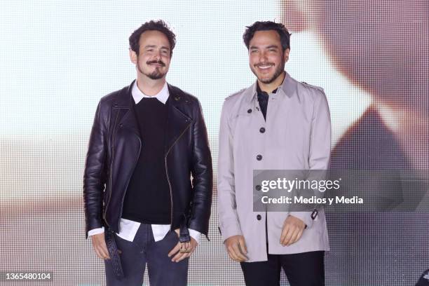Guillermo Méndez Carranza and Rodrigo Davila Chapoy of 'Motel' poses for photos during a press conference to present the 2000s Pop Tour at Arena...