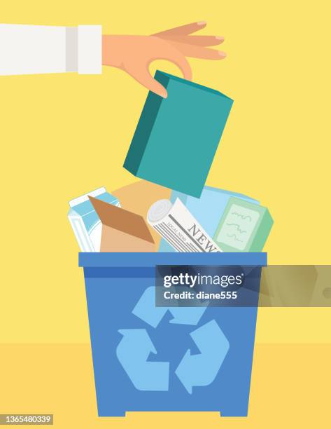 ilustraciones, imágenes clip art, dibujos animados e iconos de stock de una persona pone cartón en una caja de reciclaje. colores planos - papelera de reciclaje
