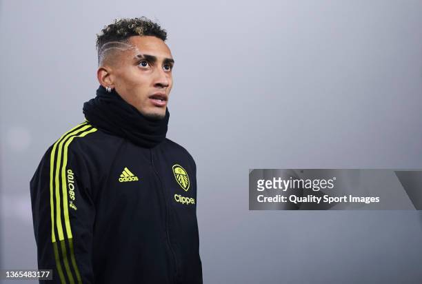 Raphinha Dias of Leeds United looks on prior the Premier League match between Leeds United and Arsenal at Elland Road on December 18, 2021 in Leeds,...