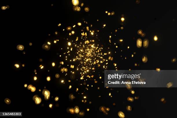 many festive golden confetti falling on black background. holiday backdrop for your design. three dimensional illustration - work anniversary ストックフォトと画像