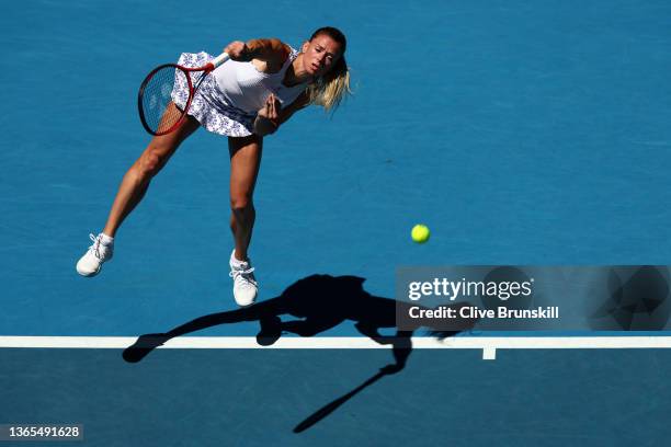 Camila Giorgi of Italy serves in her second round singles match against Tereza Martincova of the Czech Republic during day three of the 2022...