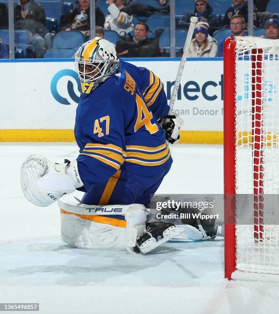 Malcolm Subban of the Buffalo Sabres tends goal against the Tampa Bay Lightning during an NHL game on January 11, 2022 at KeyBank Center in Buffalo,...