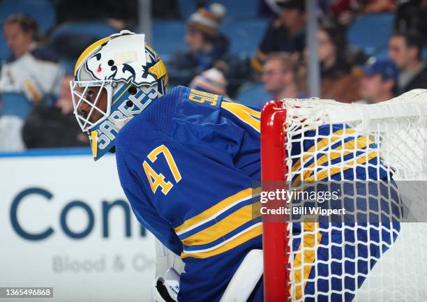 Malcolm Subban of the Buffalo Sabres tends goal against the Tampa Bay Lightning during an NHL game on January 11, 2022 at KeyBank Center in Buffalo,...