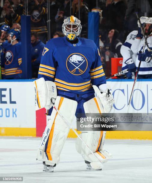 Malcolm Subban of the Buffalo Sabres tends goal against the Tampa Bay Lightning during an NHL game on January 11, 2022 at KeyBank Center in Buffalo,...