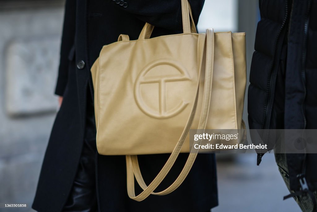 Close-up view on a beige leather Telfar bag, outside the