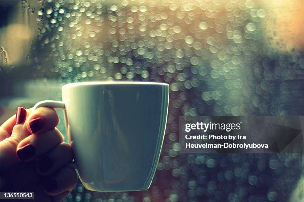 white mug in front of rainy window - rotterdam rain stock pictures, royalty-free photos & images