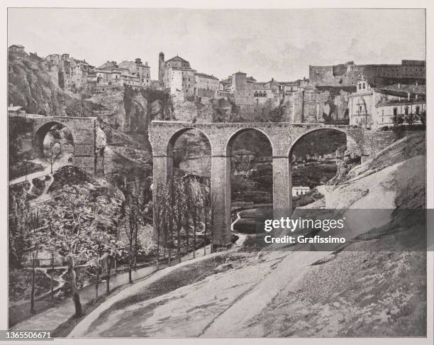 city of cuenca with antique bridge san pablo 1898 - cuenca stock illustrations