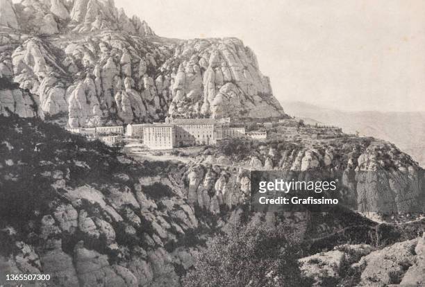 abbey santa maria de montserrat catalonia spain 1898 - monserrat mountain stock illustrations