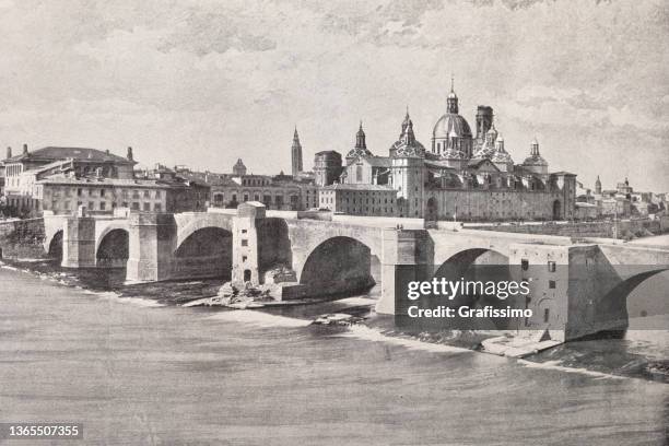 ilustrações, clipart, desenhos animados e ícones de igreja de el pilar com puente de piedra em zaragoza 1898 - zaragoza city