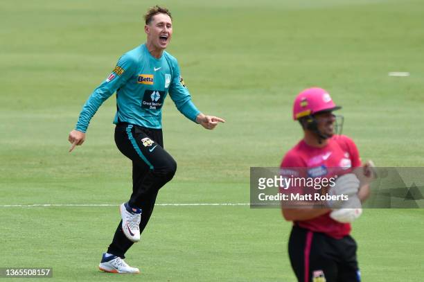 Marnus Labuschagne of the Heat celebrates the wicket of Moises Henriques of the Sixers during the Men's Big Bash League match between the Brisbane...