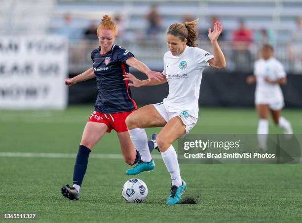 Tori Hunter of the Washington Spirit defends Mallory Weber of Kansas City during a game between Kansas City and Washington Spirit at Segra Field on...