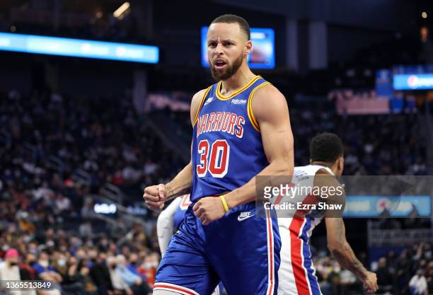 Stephen Curry of the Golden State Warriors reacts after he stole the ball from Rodney McGruder of the Detroit Pistons at Chase Center on January 18,...
