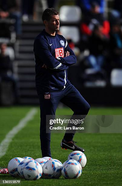 Head coach Michael Skibbe looks on during a training session at day two of Hertha BSC Berlin training camp on January 8, 2012 in Belek, Turkey.