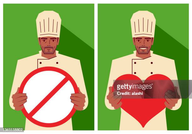 illustrazioni stock, clip art, cartoni animati e icone di tendenza di uno chef tiene un segno a forma di cuore e un segno proibitivo - amore non corrisposto