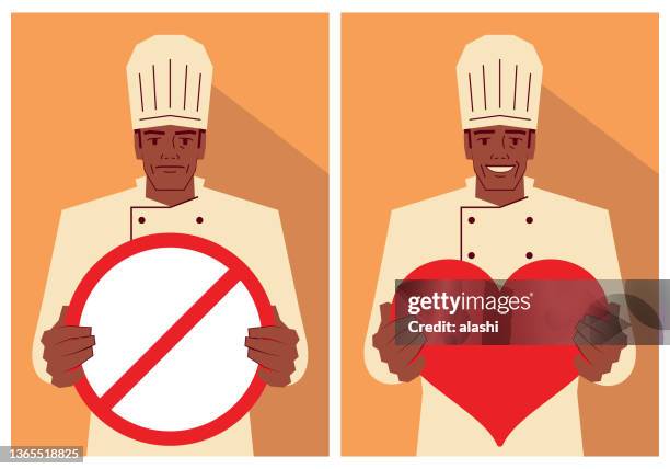 ein koch hält ein herzformschild und ein verbotsschild - nicht-erwiderte-liebe stock-grafiken, -clipart, -cartoons und -symbole