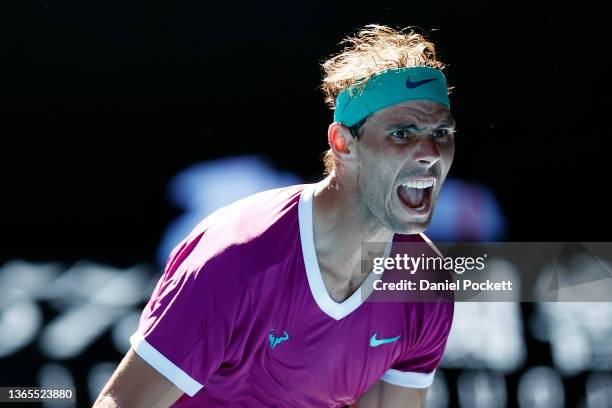 Rafael Nadal of Spain celebrates winning his second round singles match against Yannick Hanfmann of Germany during day three of the 2022 Australian...