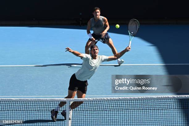 Alex Bolt of Australia plays a shot in his round one doubles match against Nick Kyrgios and Thanasi Kokkinakis during day three of the 2022...